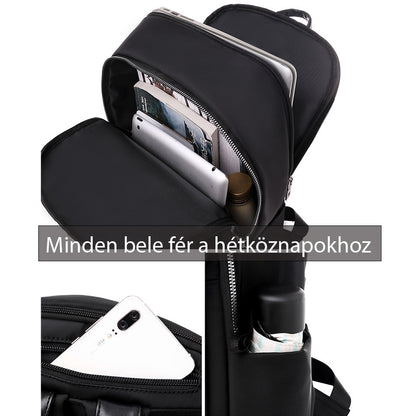 fekete női laptop hátizsák nyitott rekeszekkel laptopnak telefonnak és palacknak