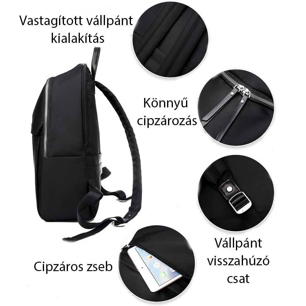 fekete női laptop hátizsák funkciós infografikán vastag pánttal és cipzáras zsebbel