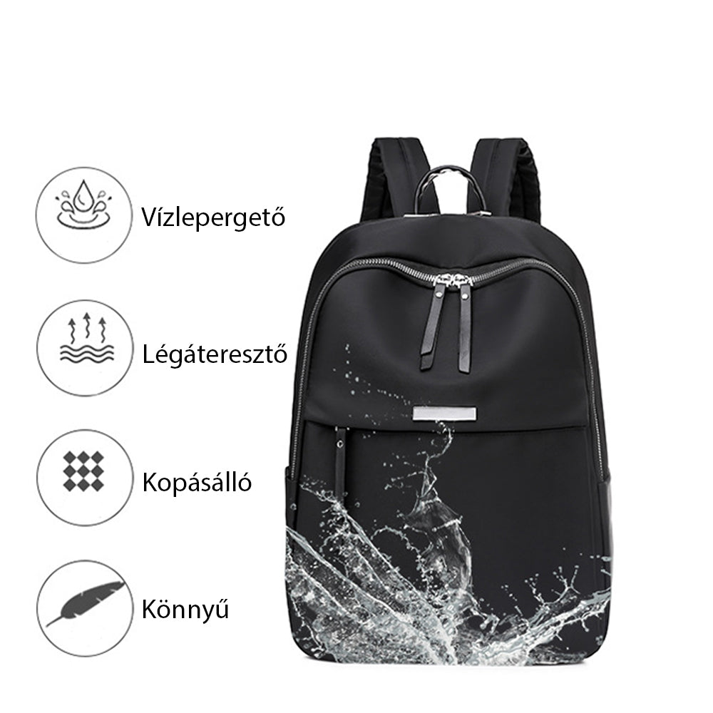 fekete női laptop hátizsák vízlepergető kopásálló és légáteresztő tulajdonságokat mutató grafikán