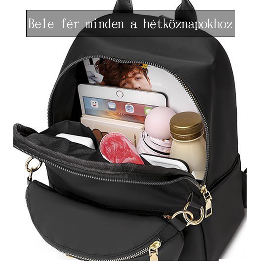 női hátizsák, fekete, kompakt, nylon anyagból, vízálló kivitelben, oldalnézetben
