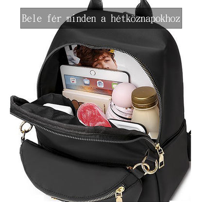 női hátizsák, fekete, kompakt, nylon anyagból, vízálló kivitelben, oldalnézetben