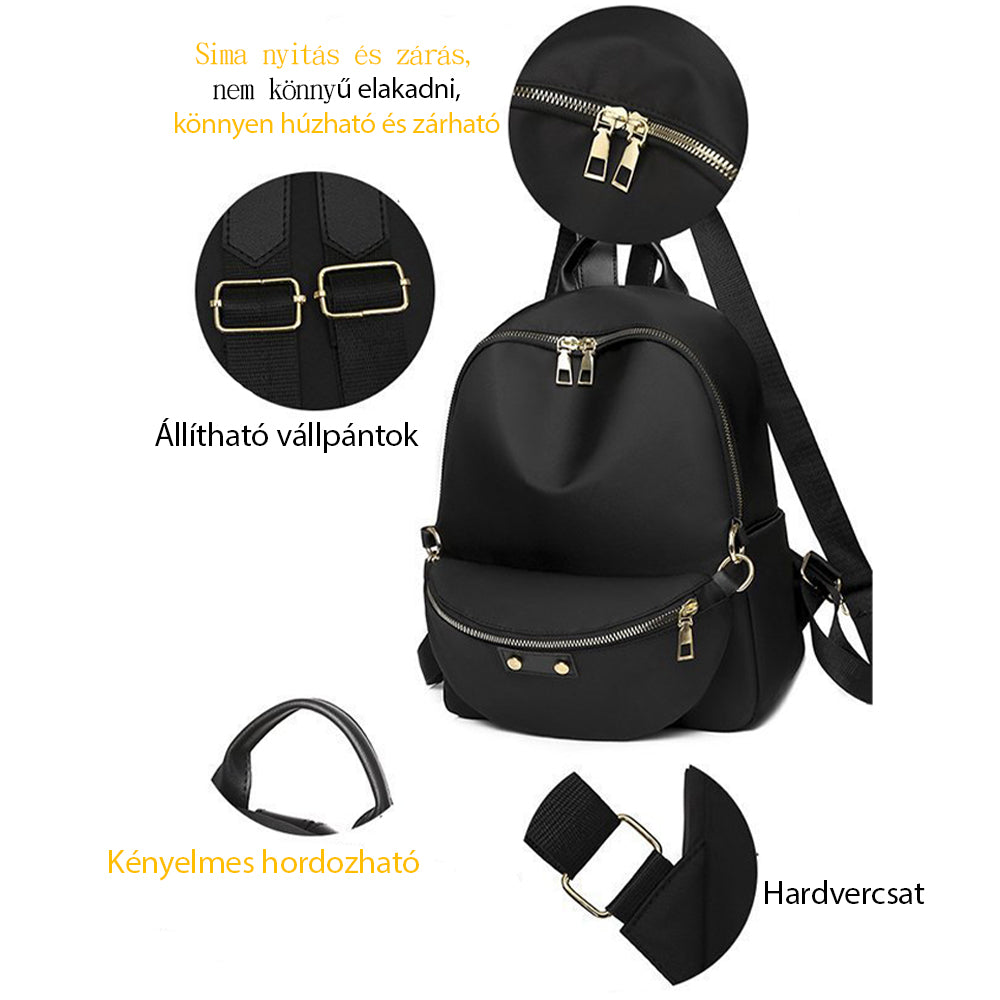 női hátizsák, fekete, kompakt, nylon anyagból, laptoprekesszel, belső rekeszekkel