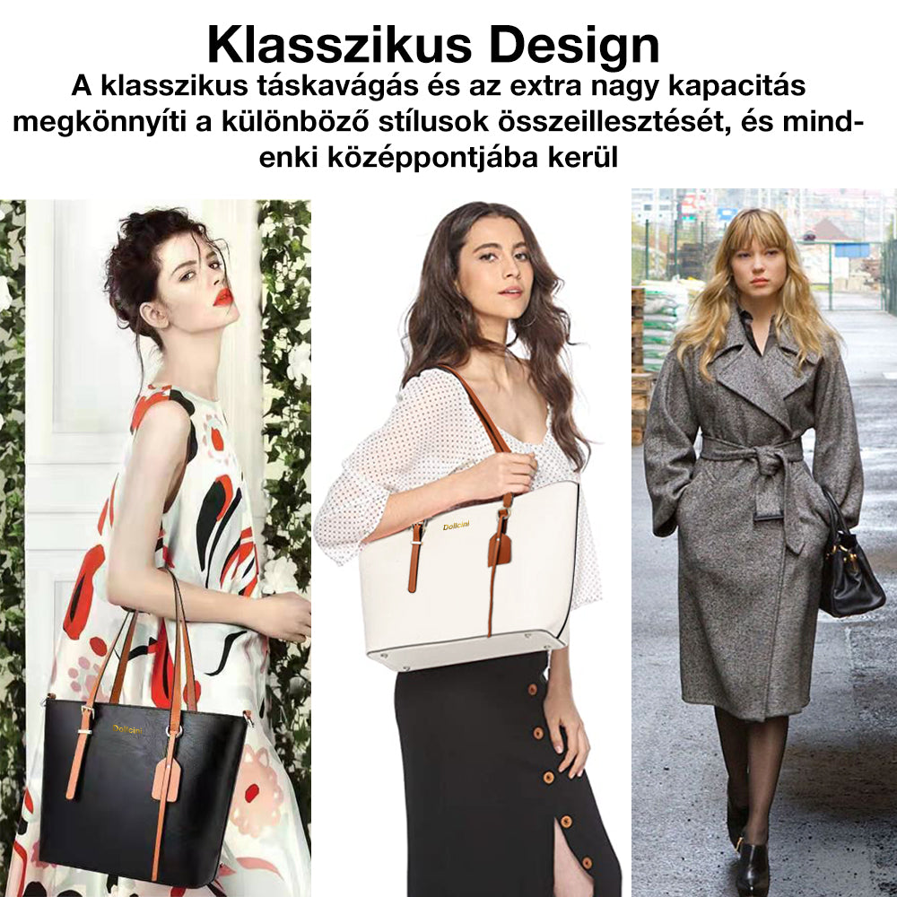 klasszikus női tote válltáska viseleti poszteren, fekete és fehér változatokkal
