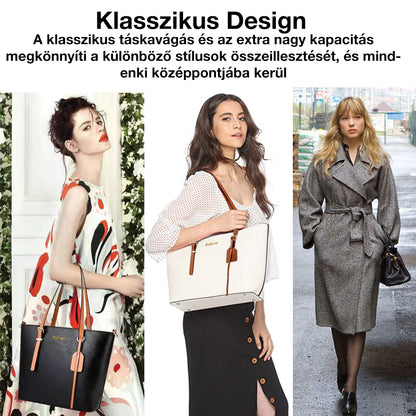 klasszikus női tote válltáska viseleti poszteren, fekete és fehér változatokkal