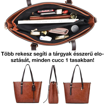 barna klasszikus női tote válltáska nyitott kapacitásábrán, több rekesszel