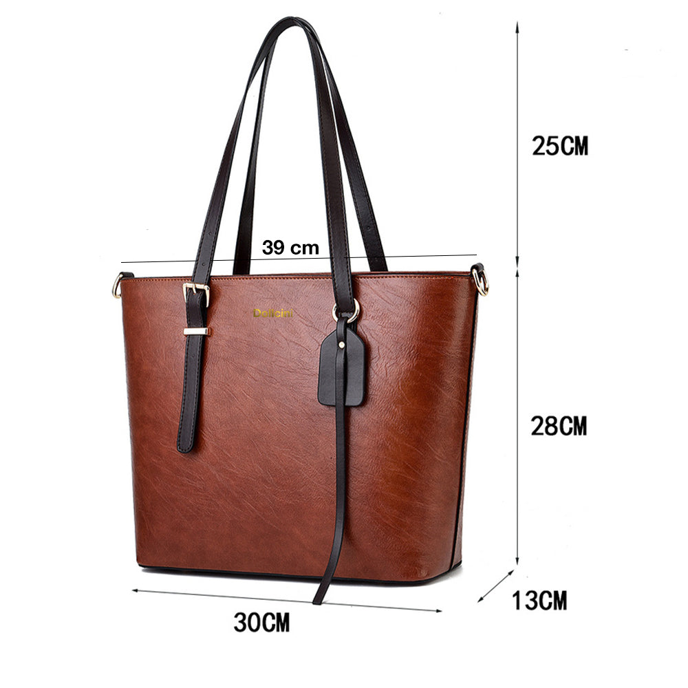 barna klasszikus női tote válltáska méretábrán, 39 x 30 x 13 cm jelöléssel