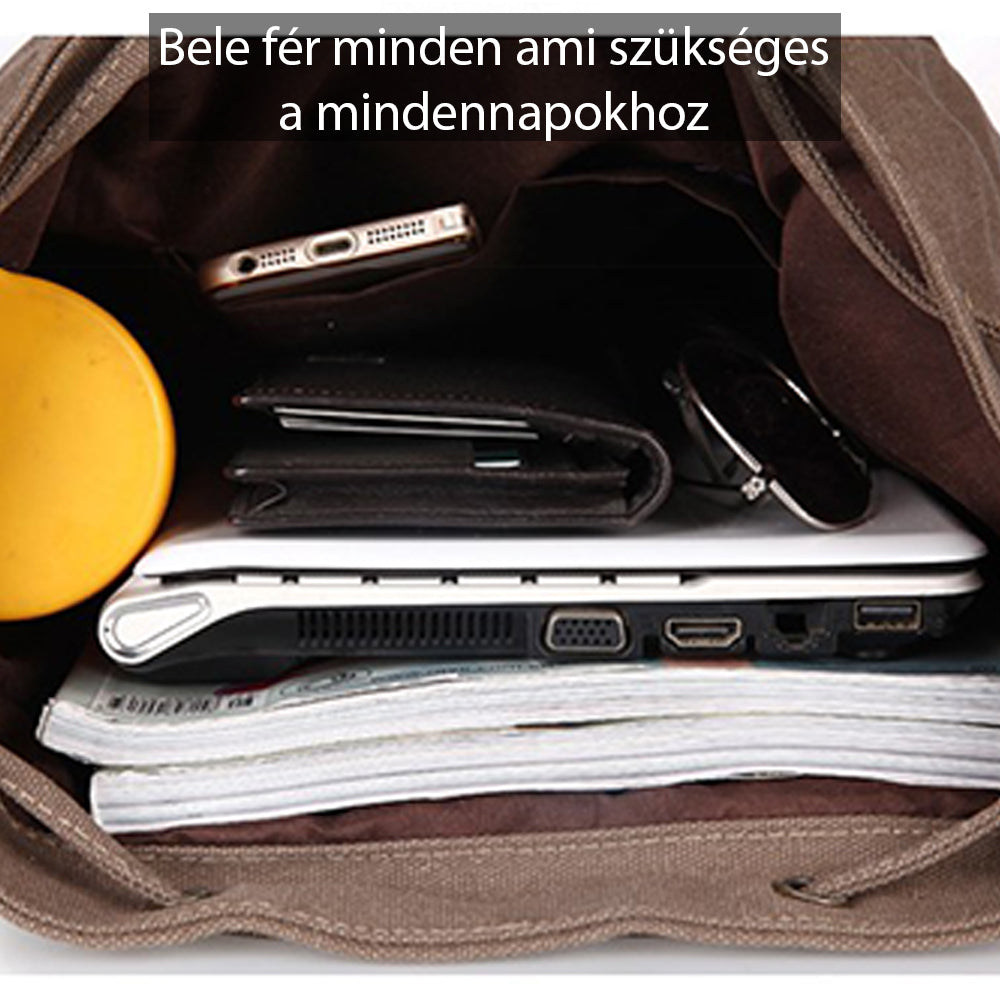 barna női vászon hatású hátizsák nyitott belső rekesszel laptophoz pénztárcához és napi tárgyakhoz