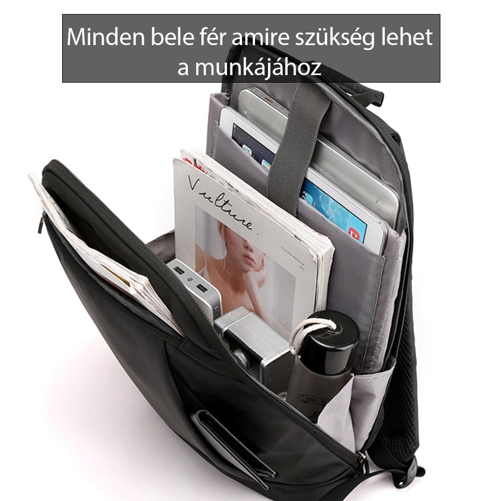 fekete uniszex laptop hátizsák nyitott belső rekesszel munkához szükséges tárgyakkal
