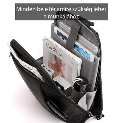 fekete uniszex laptop hátizsák nyitott belső rekesszel munkához szükséges tárgyakkal