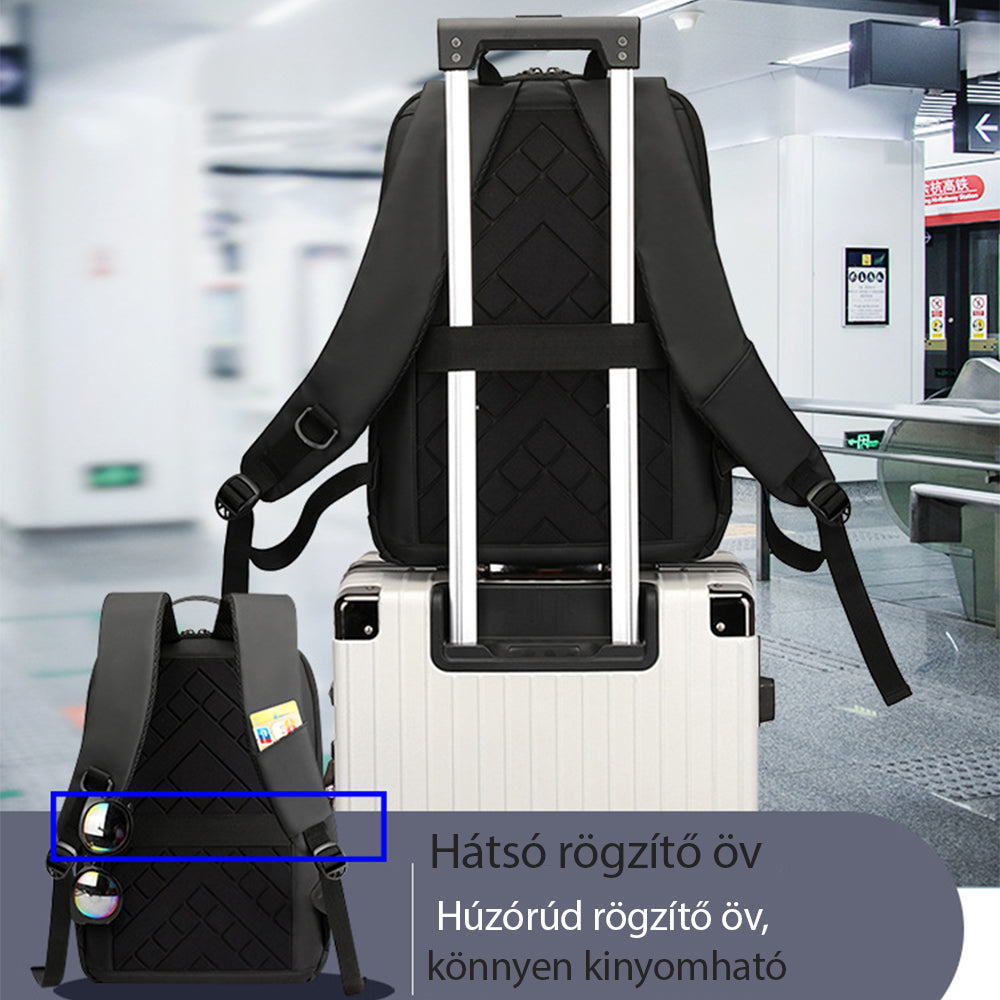 fekete uniszex laptop hátizsák bőröndre rögzítve hátoldali pánttal utazási infografikán
