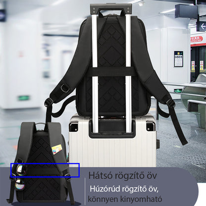 fekete uniszex laptop hátizsák bőröndre rögzítve hátoldali pánttal utazási infografikán