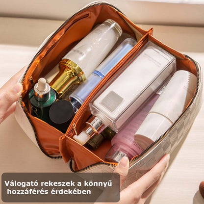 kozmetikai táska, fekete, kompakt, műbőr kivitelben, kerekes részlettel